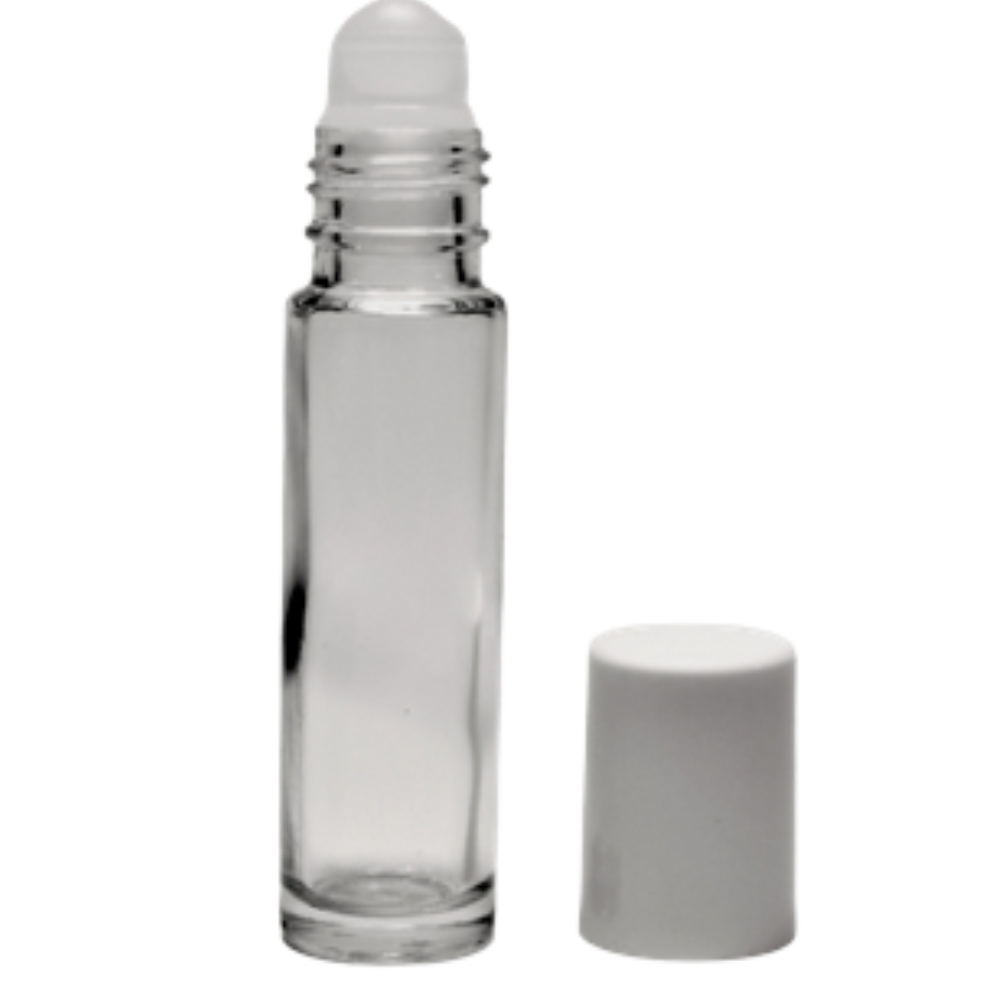 10ml Roll-on Flasche klar, Fitment natur, Schraubkappe weiß